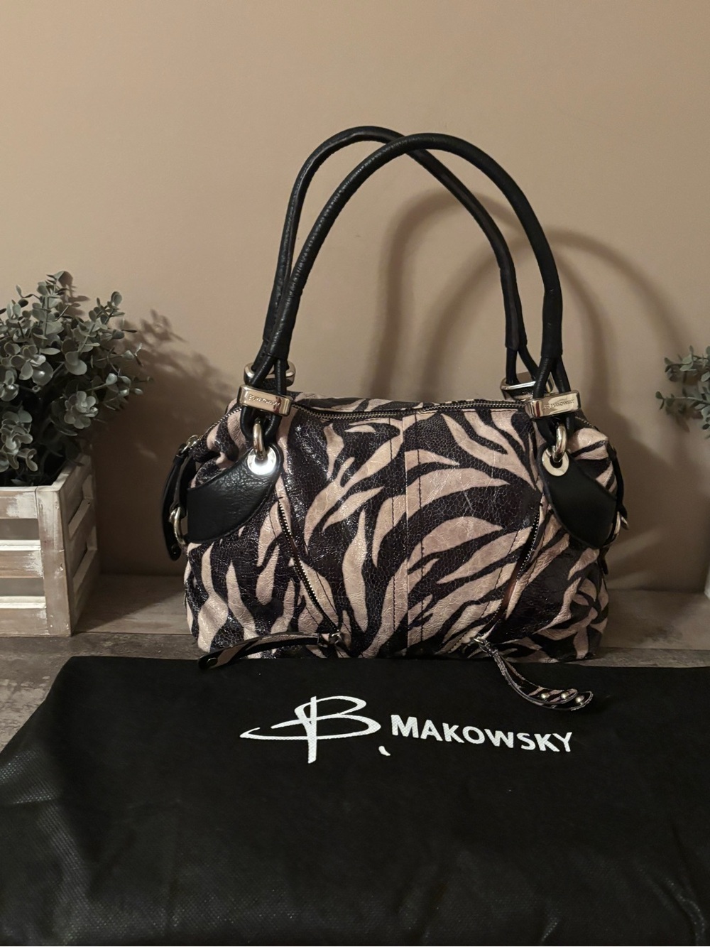 B. MAKOWSKY VINTAGE ZEBRA PRINT LEATHER Crossbody SATCHEL